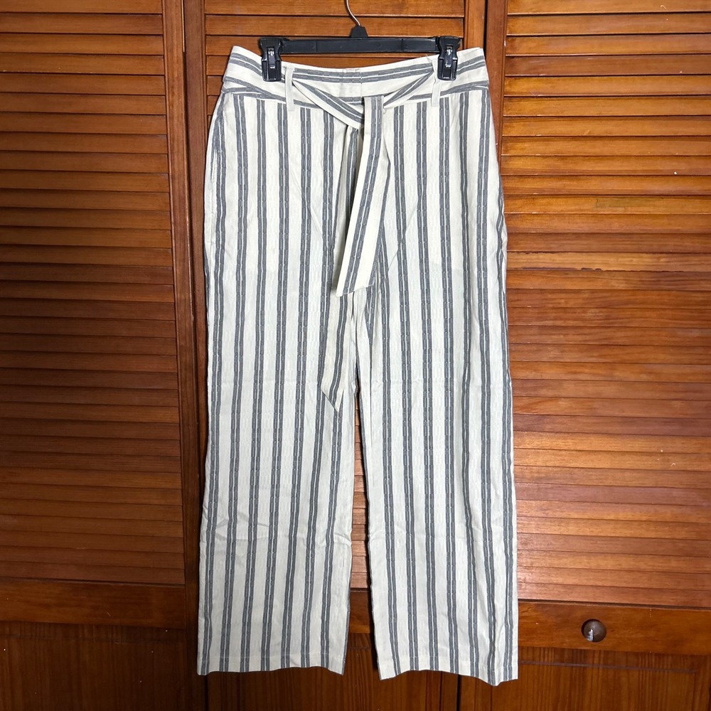 Rebecca Minkoff Women Grey Off White Striped Wide Leg Tie Waist Trousers Size 4